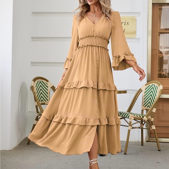 Beige Boho V Neck Maxi Dress - Picture 1 of 9